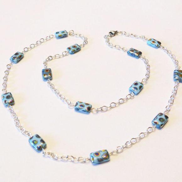 Handmade Silver Tone Necklace With Blue Glass Beads  - 27" - Picture 2 of 3